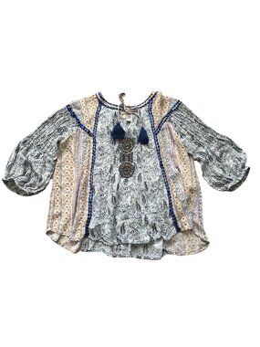 Sundance Blouse Womens Blue Sz. “S” Floral Beaded Boho Tunic Peasant Top